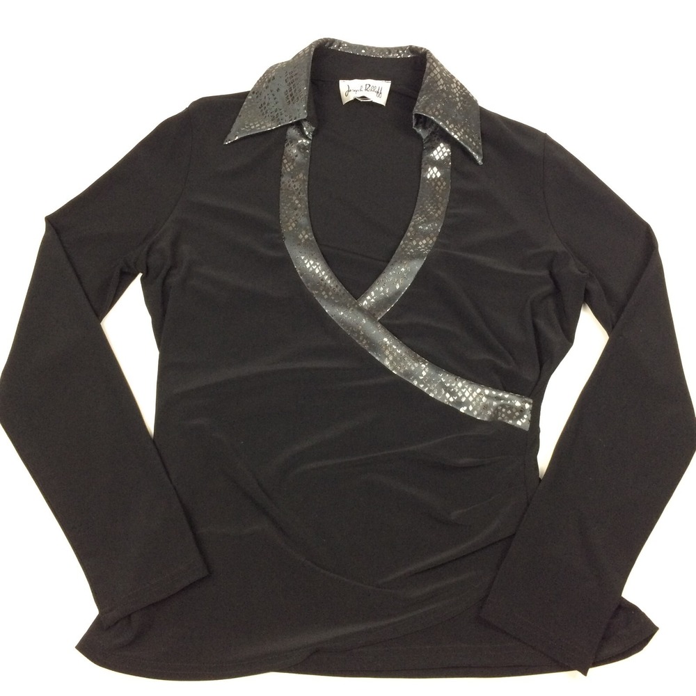 Joseph Ribkoff Shirt Womens Small Medium Faux Wrap Ruched Black Metallic‎ Collar